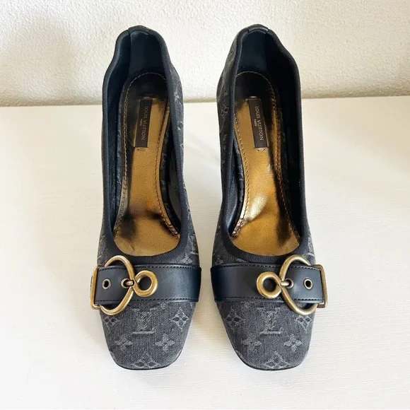 Louis Vuitton Vintage Monogram Canvas Black Gray Buckle Heels Pumps Size EU 39.5 - Picture 7 of 15